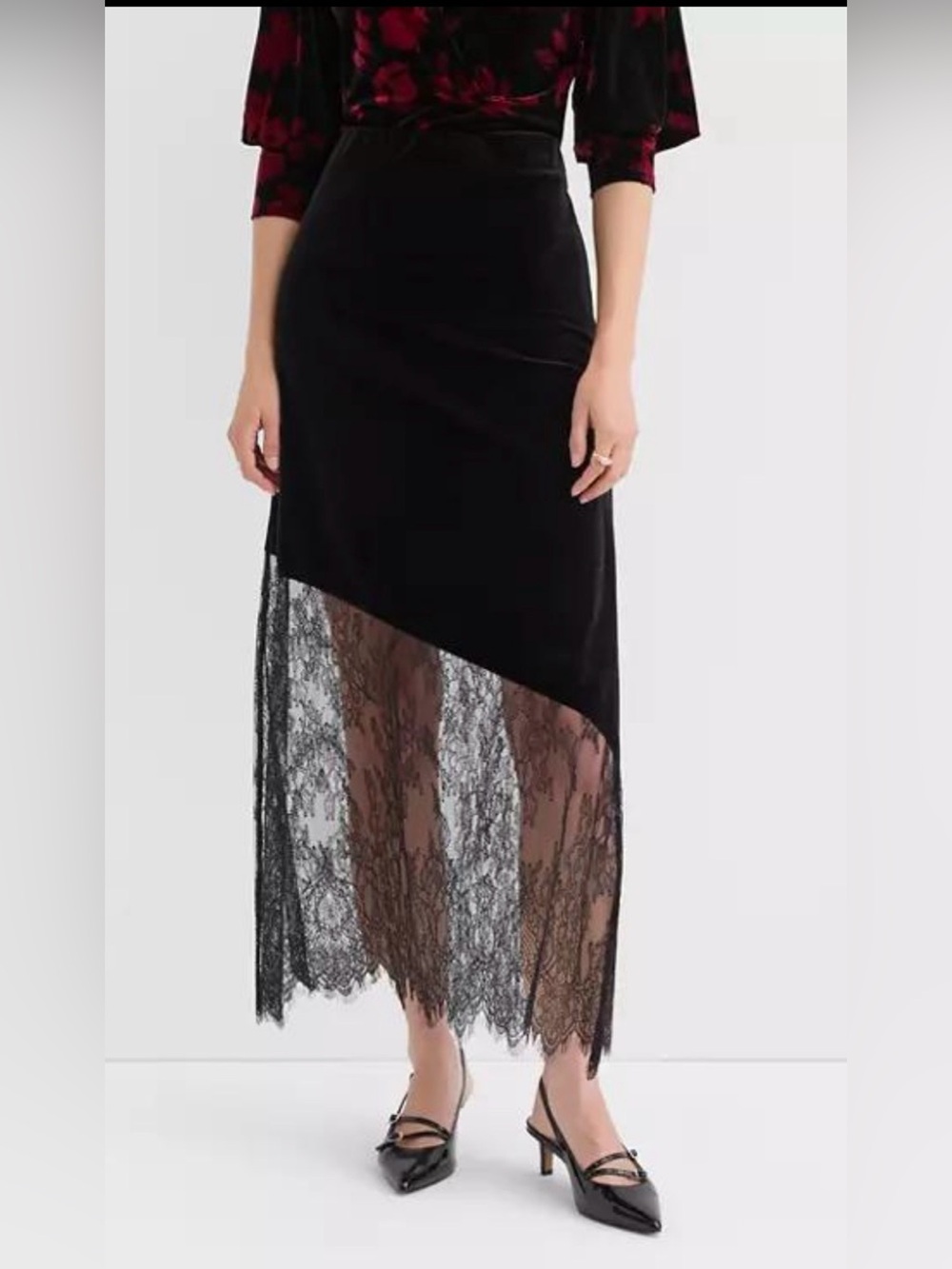 LOFT Chantilly Lace Velvet Bias Midi Skirt in Black